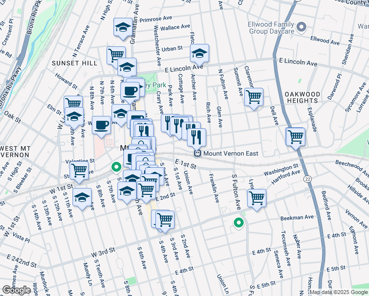 map of restaurants, bars, coffee shops, grocery stores, and more near 19 Elm Avenue in Mount Vernon