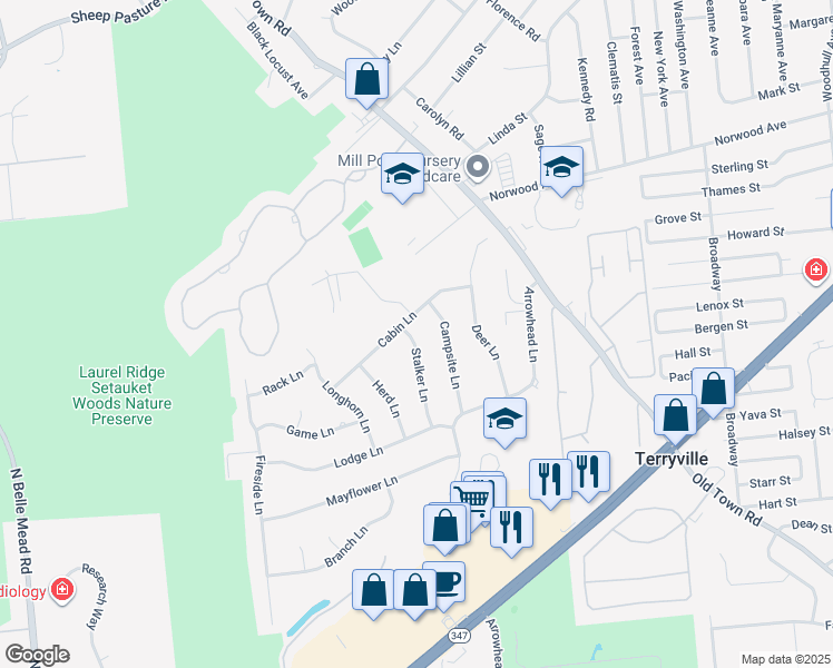 map of restaurants, bars, coffee shops, grocery stores, and more near 21 Stalker Lane in Setauket- East Setauket