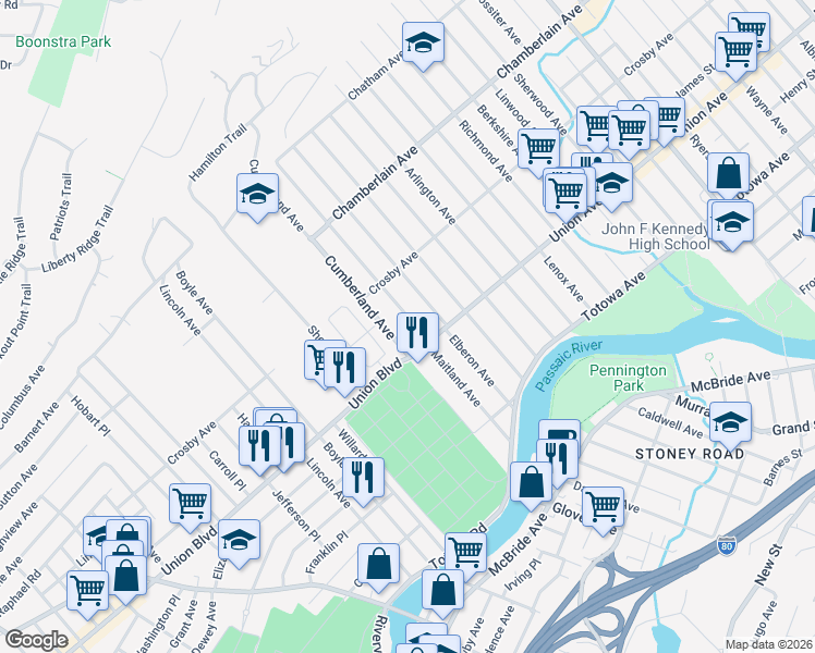 map of restaurants, bars, coffee shops, grocery stores, and more near 145 Maitland Avenue in Paterson