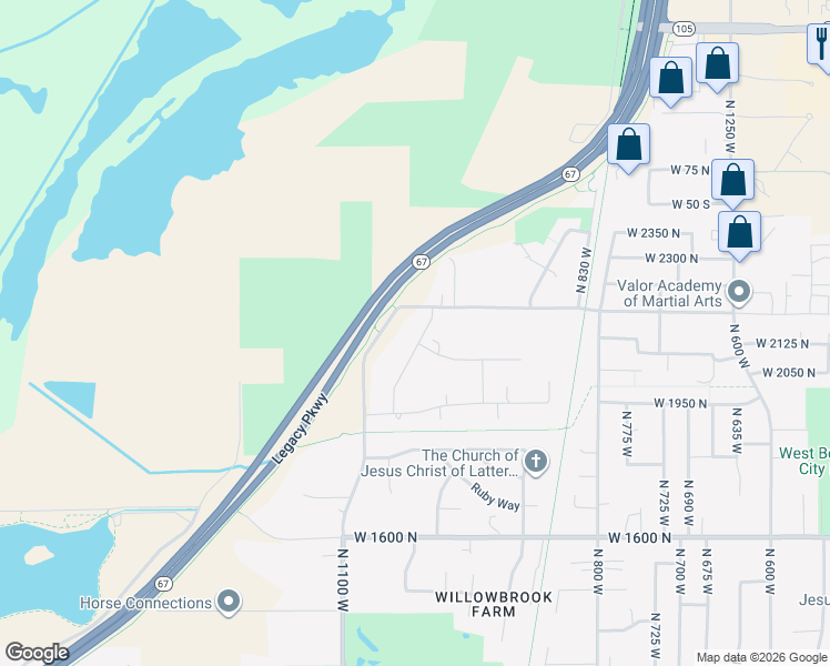 map of restaurants, bars, coffee shops, grocery stores, and more near 2125 1000 West in West Bountiful