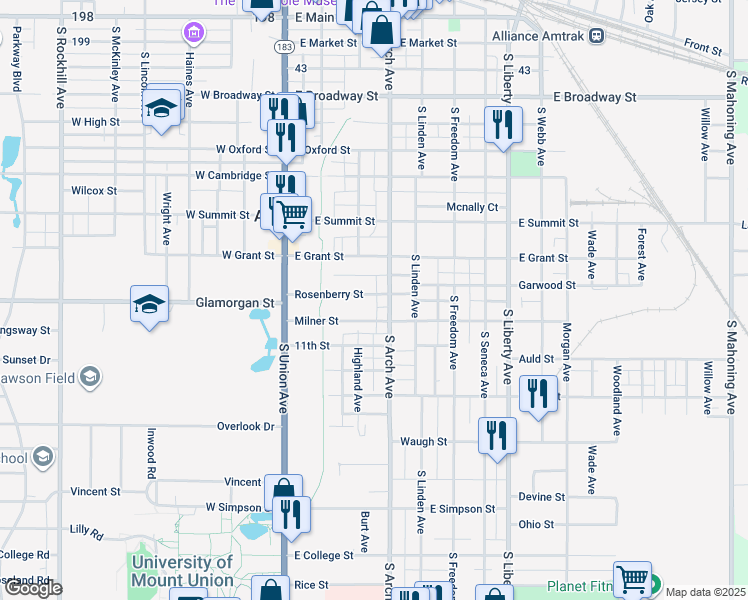 map of restaurants, bars, coffee shops, grocery stores, and more near 231 Rosenberry Street in Alliance