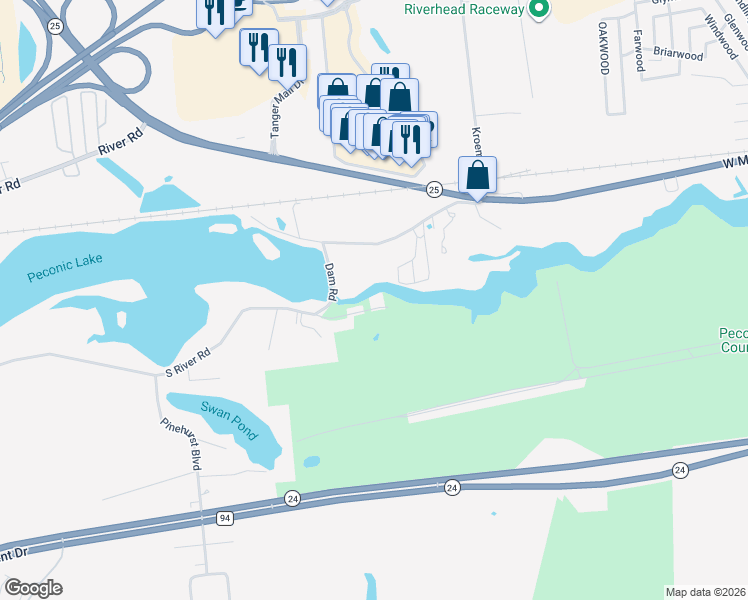 map of restaurants, bars, coffee shops, grocery stores, and more near 354 South River Road in Calverton