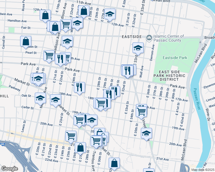 map of restaurants, bars, coffee shops, grocery stores, and more near 261 17th Avenue in Paterson