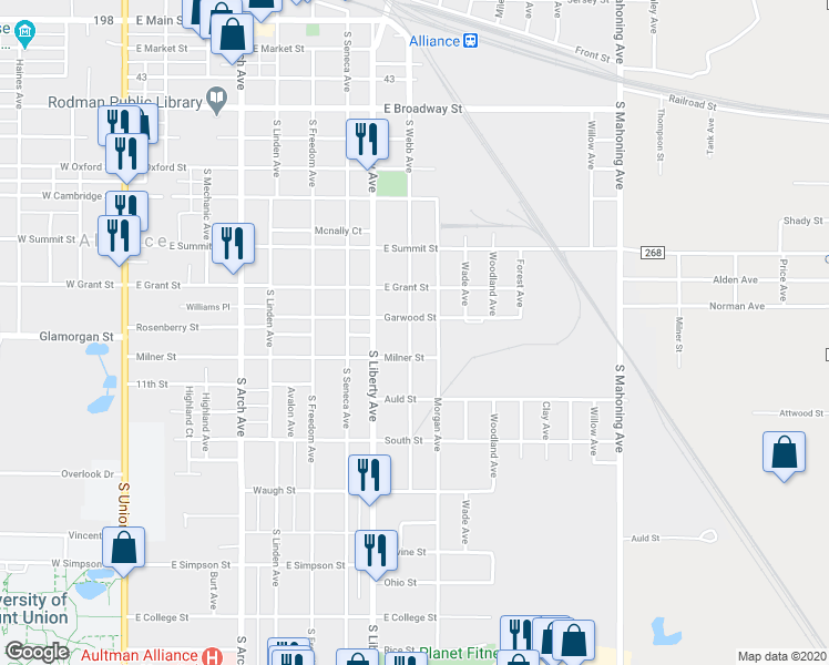 map of restaurants, bars, coffee shops, grocery stores, and more near 928 South Webb Avenue in Alliance