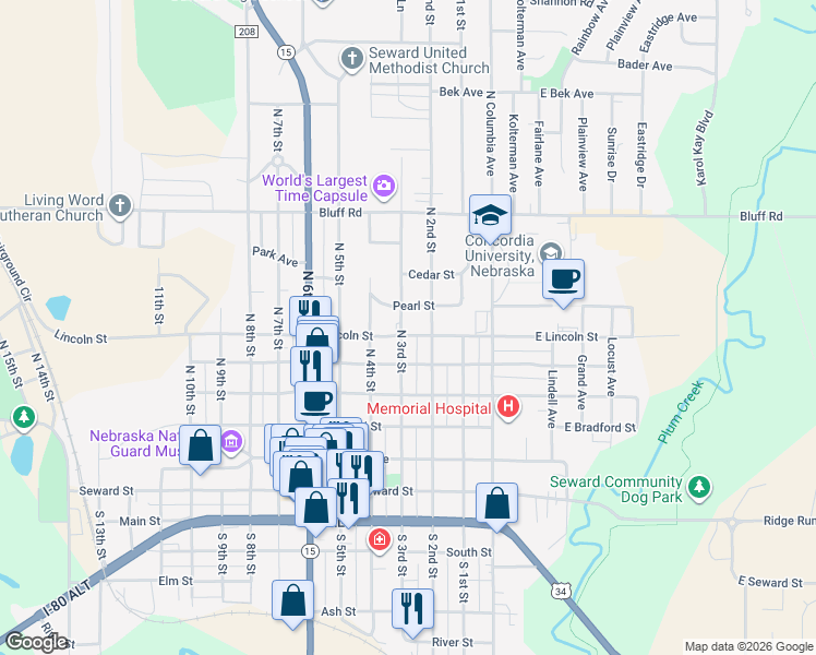 map of restaurants, bars, coffee shops, grocery stores, and more near 242 Lincoln Street in Seward
