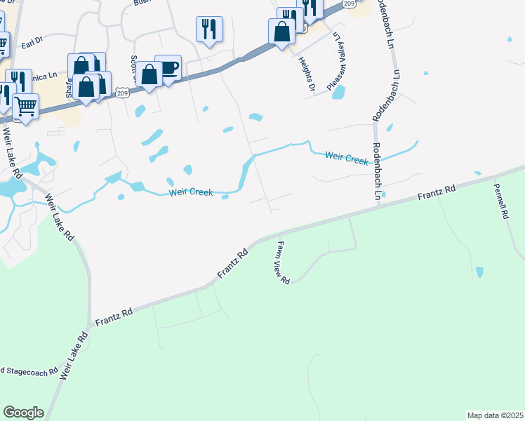 map of restaurants, bars, coffee shops, grocery stores, and more near 1596 Fawn Valley Drive in Brodheadsville