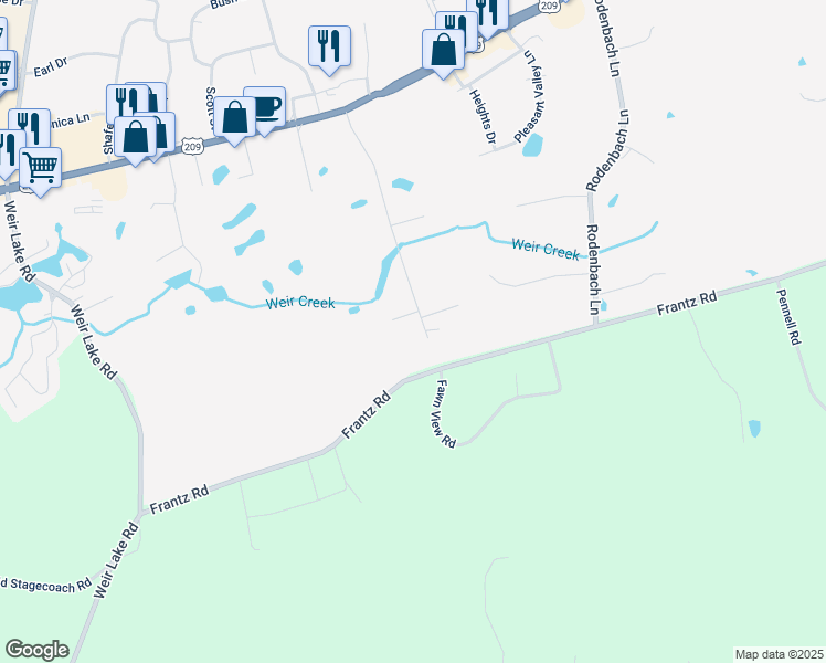map of restaurants, bars, coffee shops, grocery stores, and more near 1596 Fawn Valley Drive in Brodheadsville