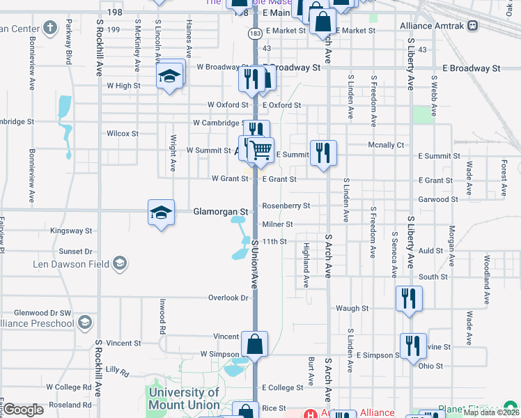 map of restaurants, bars, coffee shops, grocery stores, and more near 906 South Union Avenue in Alliance