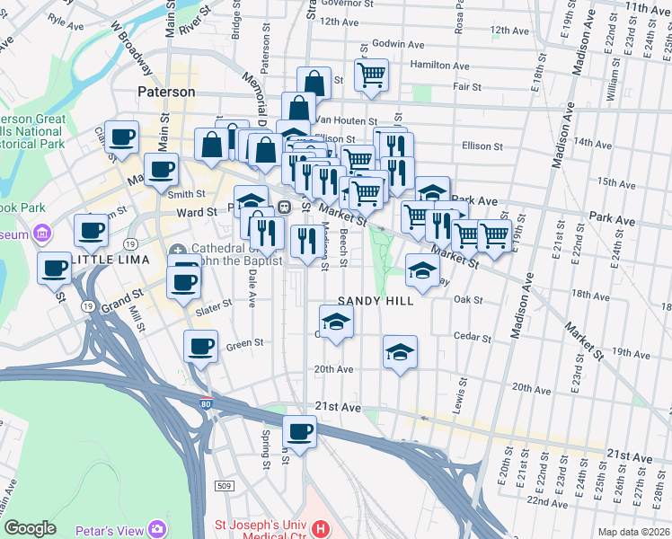 map of restaurants, bars, coffee shops, grocery stores, and more near 63 Beech Street in Paterson