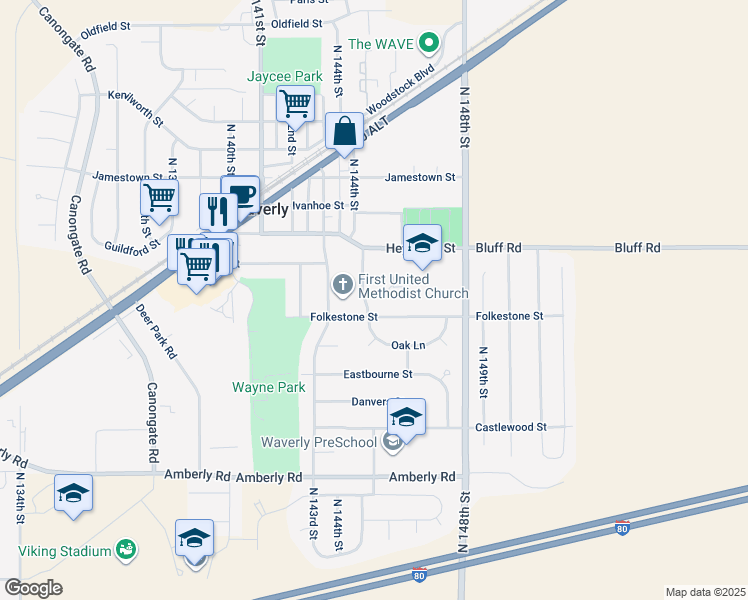 map of restaurants, bars, coffee shops, grocery stores, and more near 10320 North 145th Street in Waverly