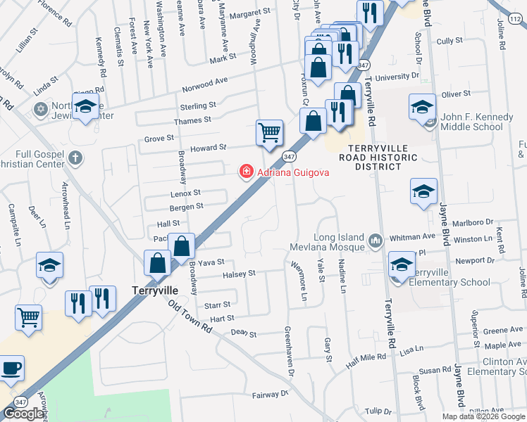 map of restaurants, bars, coffee shops, grocery stores, and more near 901 Sara Circle in Port Jefferson Station
