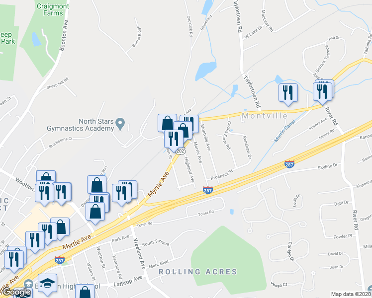 map of restaurants, bars, coffee shops, grocery stores, and more near 19 Route 202 in Montville