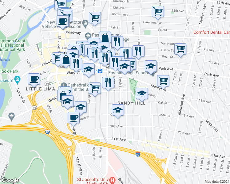 map of restaurants, bars, coffee shops, grocery stores, and more near 343 Straight Street in Paterson