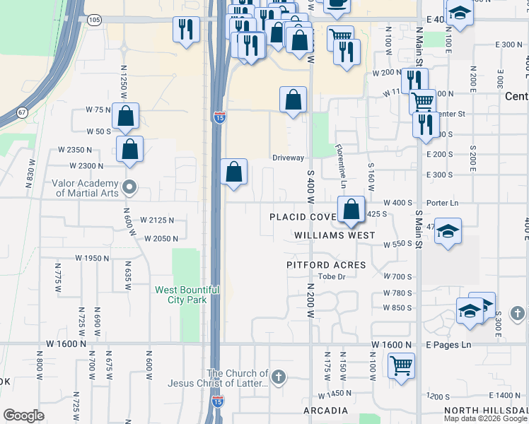 map of restaurants, bars, coffee shops, grocery stores, and more near 431 South 675 West in Centerville