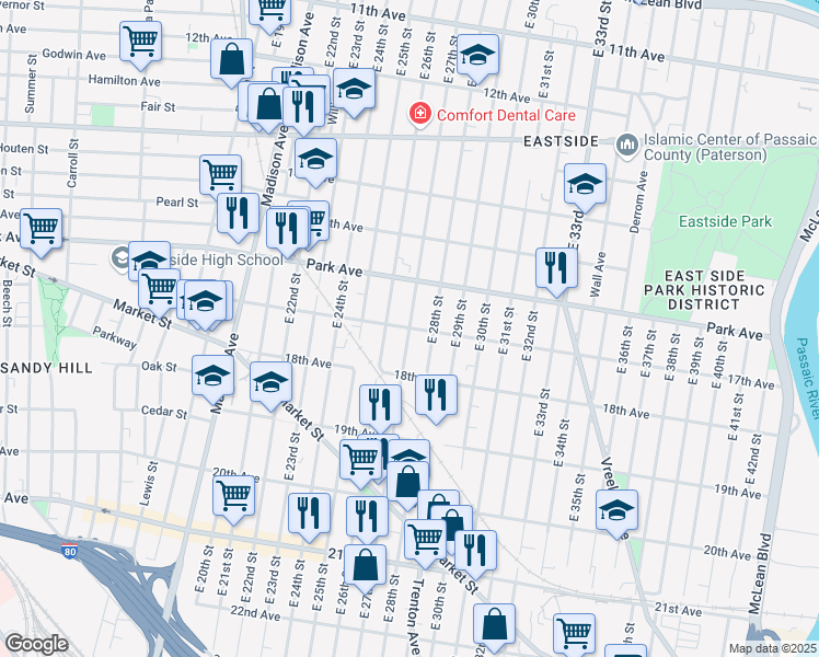map of restaurants, bars, coffee shops, grocery stores, and more near East 27th Street & 17th Avenue in Paterson