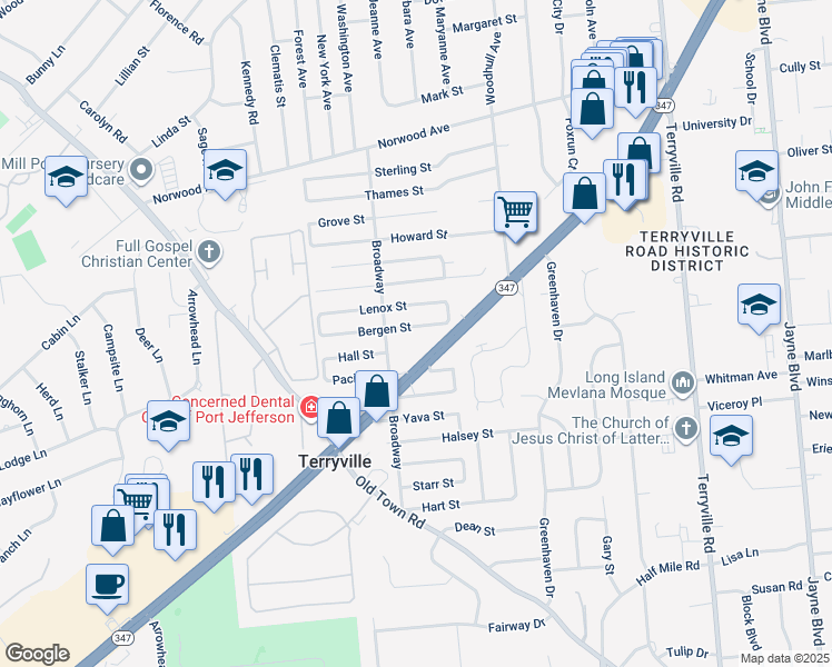 map of restaurants, bars, coffee shops, grocery stores, and more near 166 Bergen Street in Port Jefferson Station
