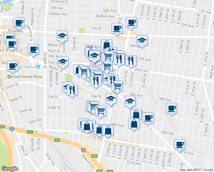map of restaurants, bars, coffee shops, grocery stores, and more near 499 Market Street in Paterson