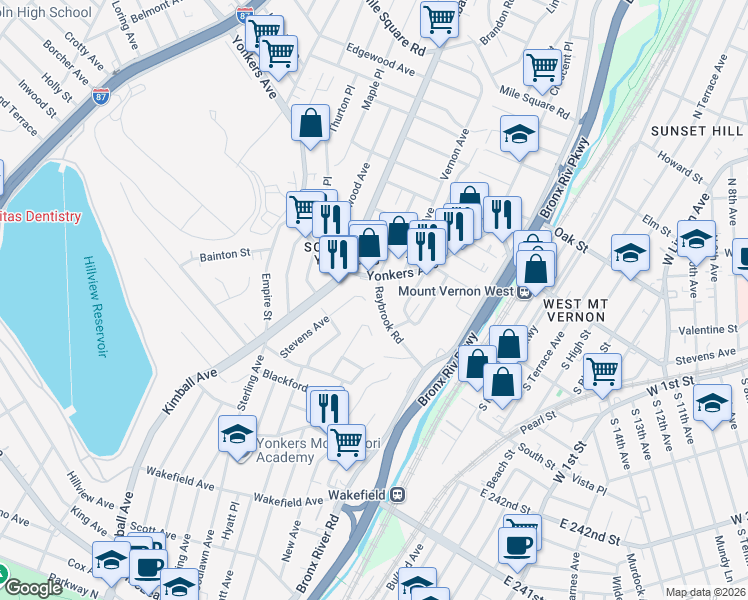 map of restaurants, bars, coffee shops, grocery stores, and more near 100 Stevens Avenue in Yonkers