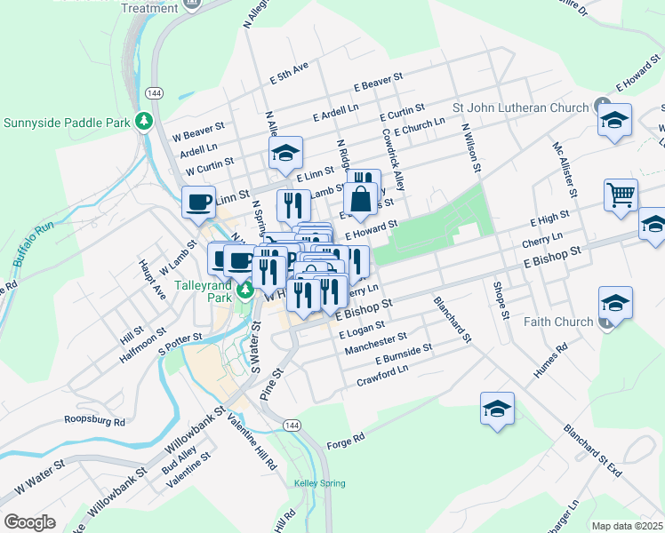 map of restaurants, bars, coffee shops, grocery stores, and more near 102 East High Street in Bellefonte