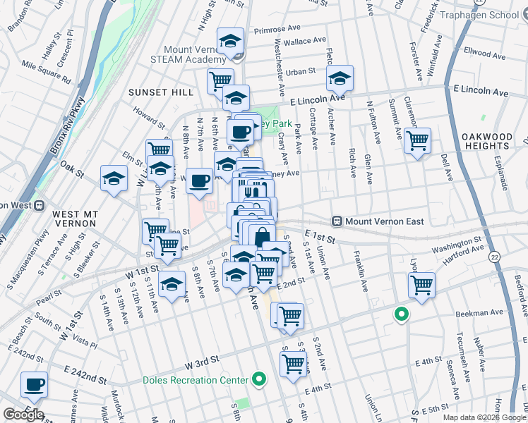 map of restaurants, bars, coffee shops, grocery stores, and more near East Prospect Avenue & North 3rd Avenue in Mount Vernon