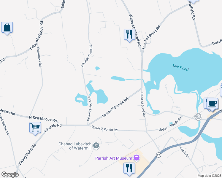 map of restaurants, bars, coffee shops, grocery stores, and more near 61 Lower 7 Ponds Road in Southampton