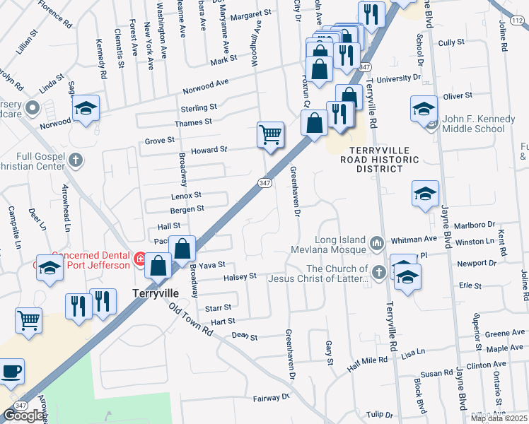 map of restaurants, bars, coffee shops, grocery stores, and more near 901 Sara Circle in Port Jefferson Station