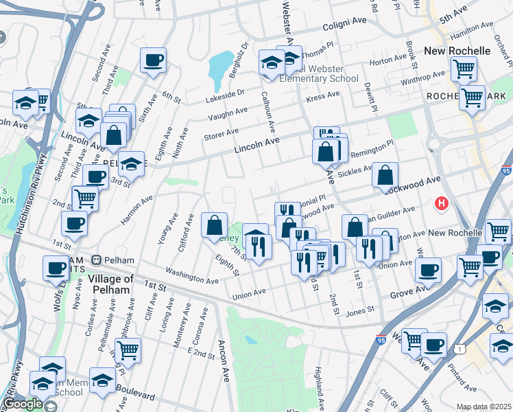 map of restaurants, bars, coffee shops, grocery stores, and more near 51 Madeleine Avenue in New Rochelle