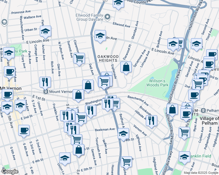 map of restaurants, bars, coffee shops, grocery stores, and more near 14 Lorraine Avenue in Mount Vernon