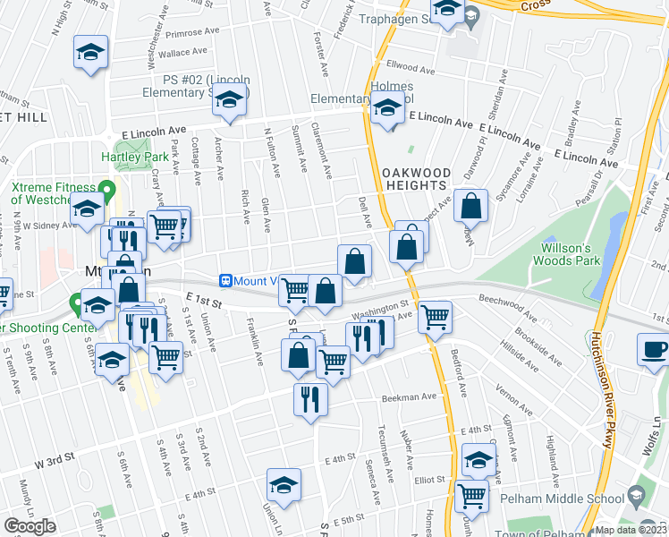 map of restaurants, bars, coffee shops, grocery stores, and more near 168 Elm Avenue in Mount Vernon