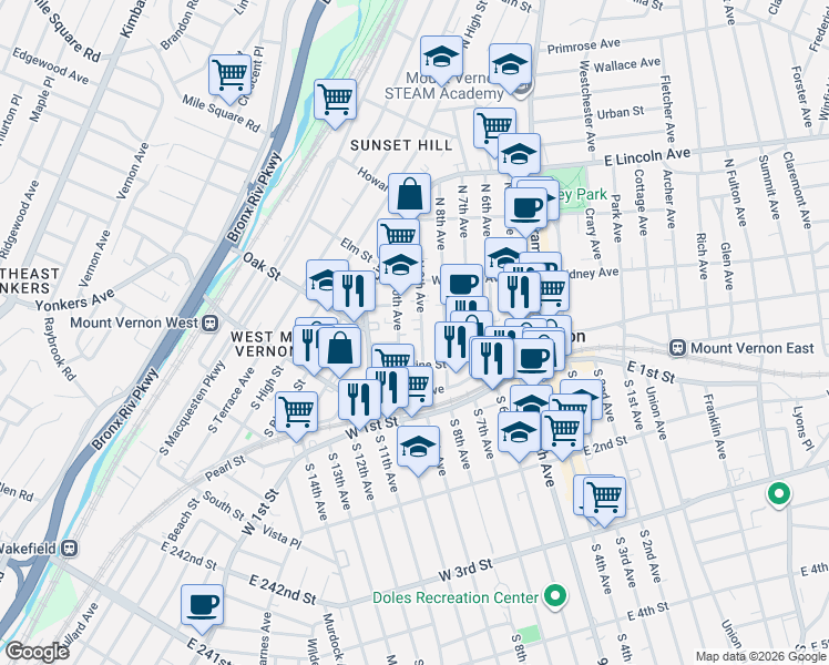 map of restaurants, bars, coffee shops, grocery stores, and more near 20 North 9th Avenue in Mount Vernon