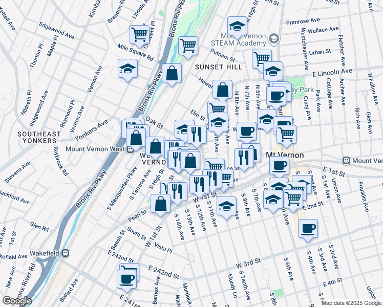 map of restaurants, bars, coffee shops, grocery stores, and more near 33 North Bleeker Street in Mount Vernon