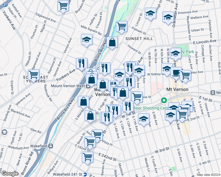 map of restaurants, bars, coffee shops, grocery stores, and more near 17 North High Street in Mount Vernon
