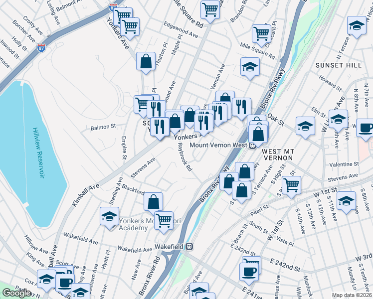map of restaurants, bars, coffee shops, grocery stores, and more near 32 Secor Place in Yonkers