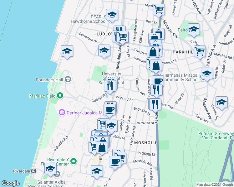 map of restaurants, bars, coffee shops, grocery stores, and more near 453 West 263rd Street in The Bronx