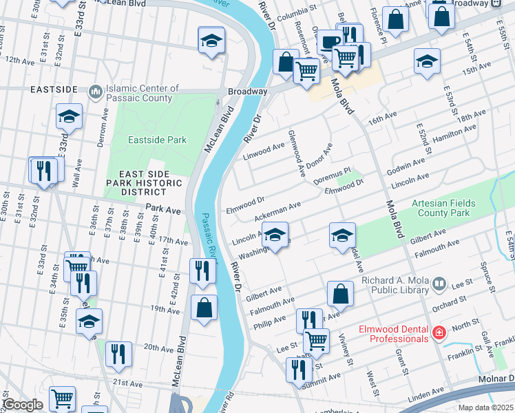 map of restaurants, bars, coffee shops, grocery stores, and more near 37 Ackerman Avenue in Elmwood Park