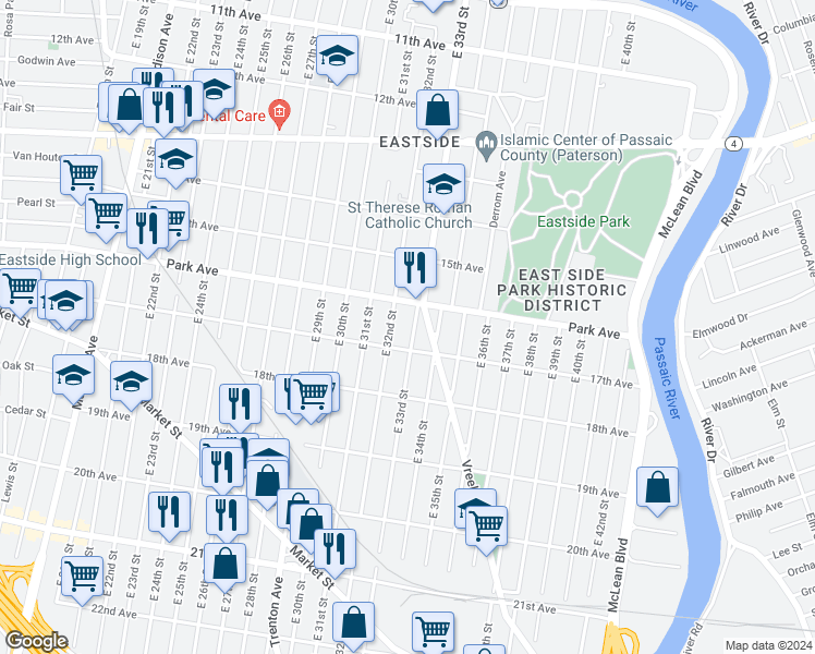 map of restaurants, bars, coffee shops, grocery stores, and more near 340 East 33rd Street in Paterson