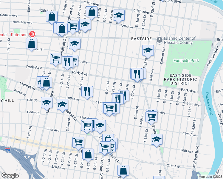 map of restaurants, bars, coffee shops, grocery stores, and more near 261 17th Avenue in Paterson