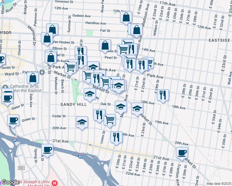 map of restaurants, bars, coffee shops, grocery stores, and more near 499 Market Street in Paterson