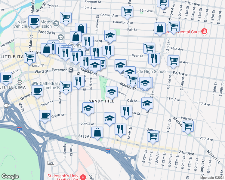 map of restaurants, bars, coffee shops, grocery stores, and more near 30 Seeley Street in Paterson