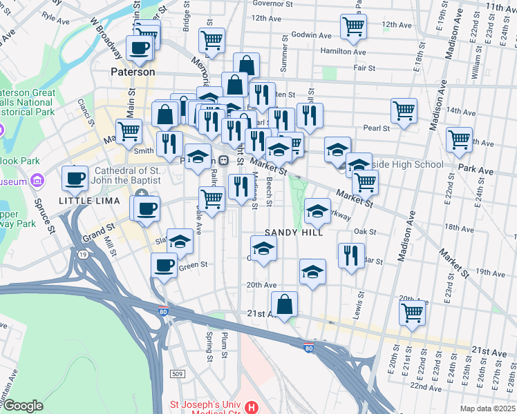 map of restaurants, bars, coffee shops, grocery stores, and more near 63 Beech Street in Paterson