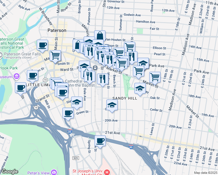 map of restaurants, bars, coffee shops, grocery stores, and more near 343 Straight Street in Paterson