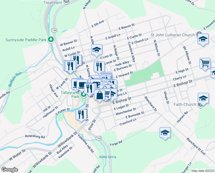 map of restaurants, bars, coffee shops, grocery stores, and more near 104 North Allegheny Street in Bellefonte