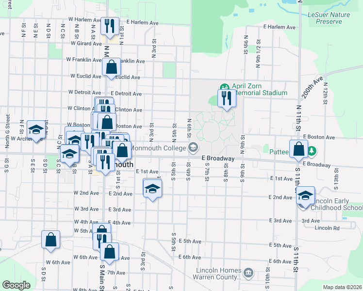 map of restaurants, bars, coffee shops, grocery stores, and more near 113-199 North 5th Street in Monmouth