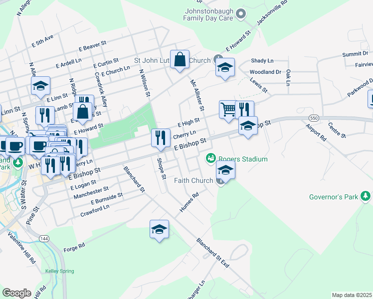 map of restaurants, bars, coffee shops, grocery stores, and more near South Monroe Street in Bellefonte