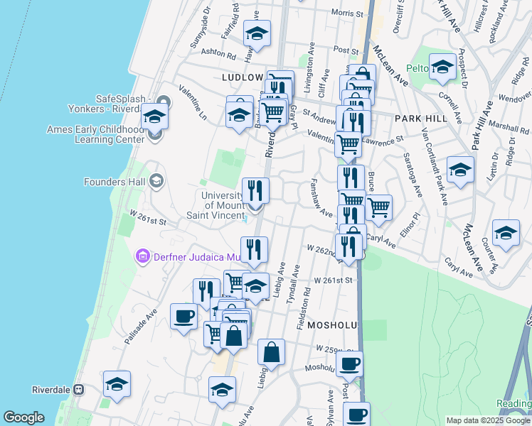 map of restaurants, bars, coffee shops, grocery stores, and more near 6300 Riverdale Avenue in Bronx