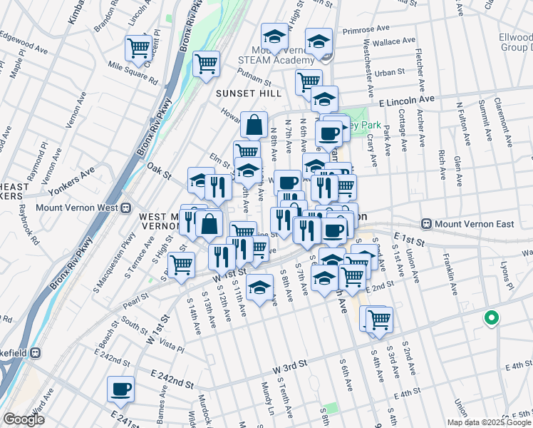 map of restaurants, bars, coffee shops, grocery stores, and more near 20 North 9th Avenue in Mount Vernon