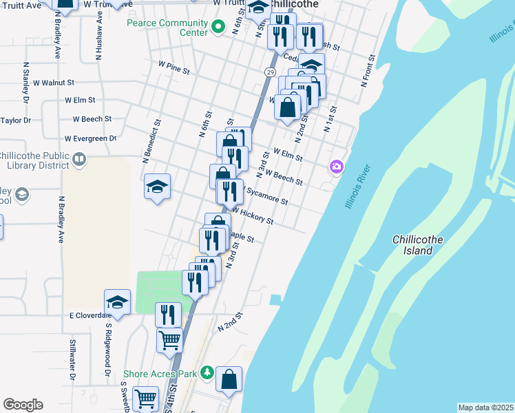map of restaurants, bars, coffee shops, grocery stores, and more near 219 W Hickory St in Chillicothe
