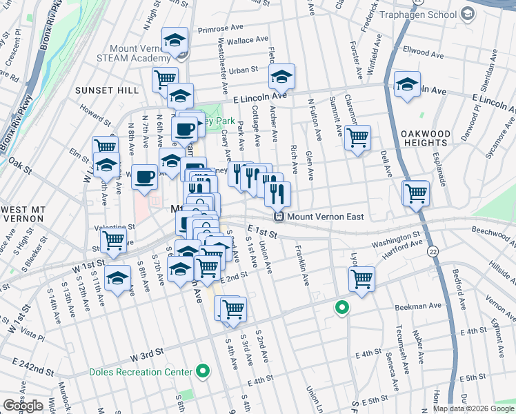 map of restaurants, bars, coffee shops, grocery stores, and more near 19 Elm Avenue in Mount Vernon