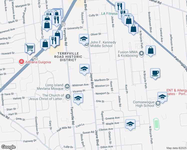 map of restaurants, bars, coffee shops, grocery stores, and more near 2 Montclair Street in Port Jefferson Station