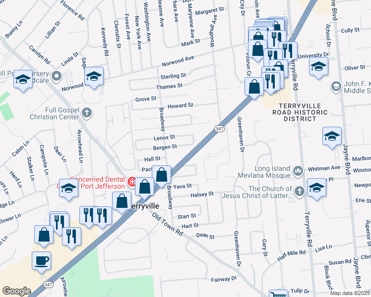 map of restaurants, bars, coffee shops, grocery stores, and more near 166 Bergen Street in Port Jefferson Station